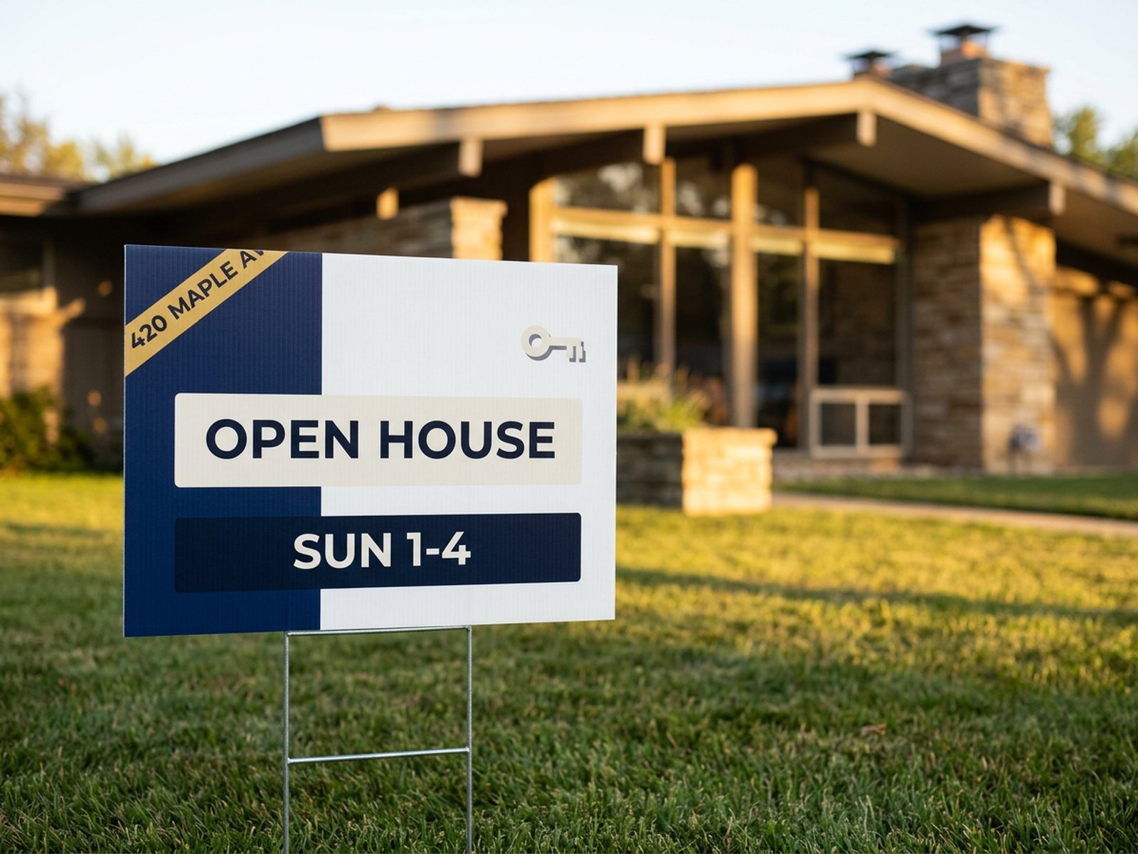 Open house yard sign at the curb of a mid century home