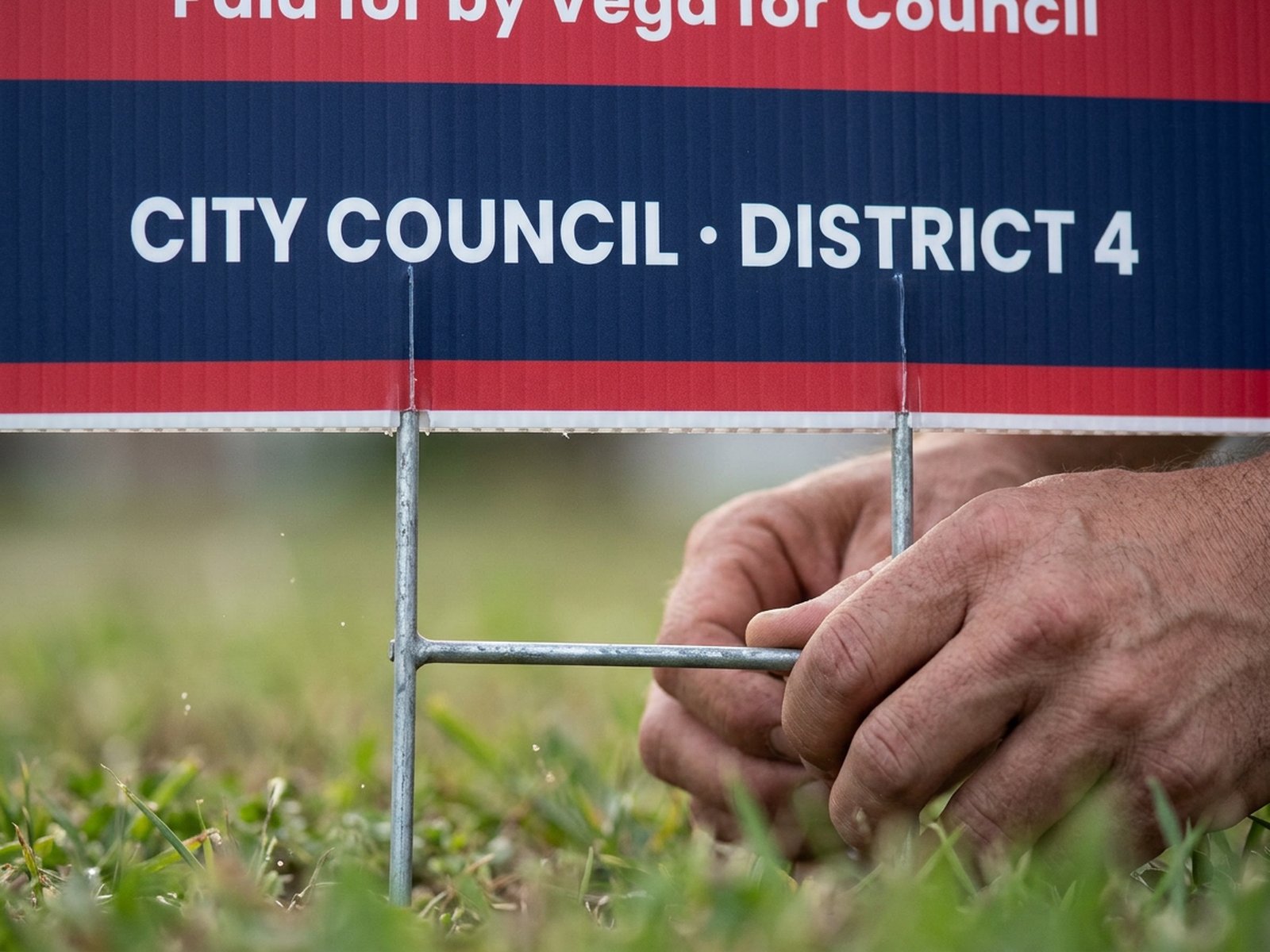 Close up of a galvanized H stake sliding into the flutes of a coroplast sign