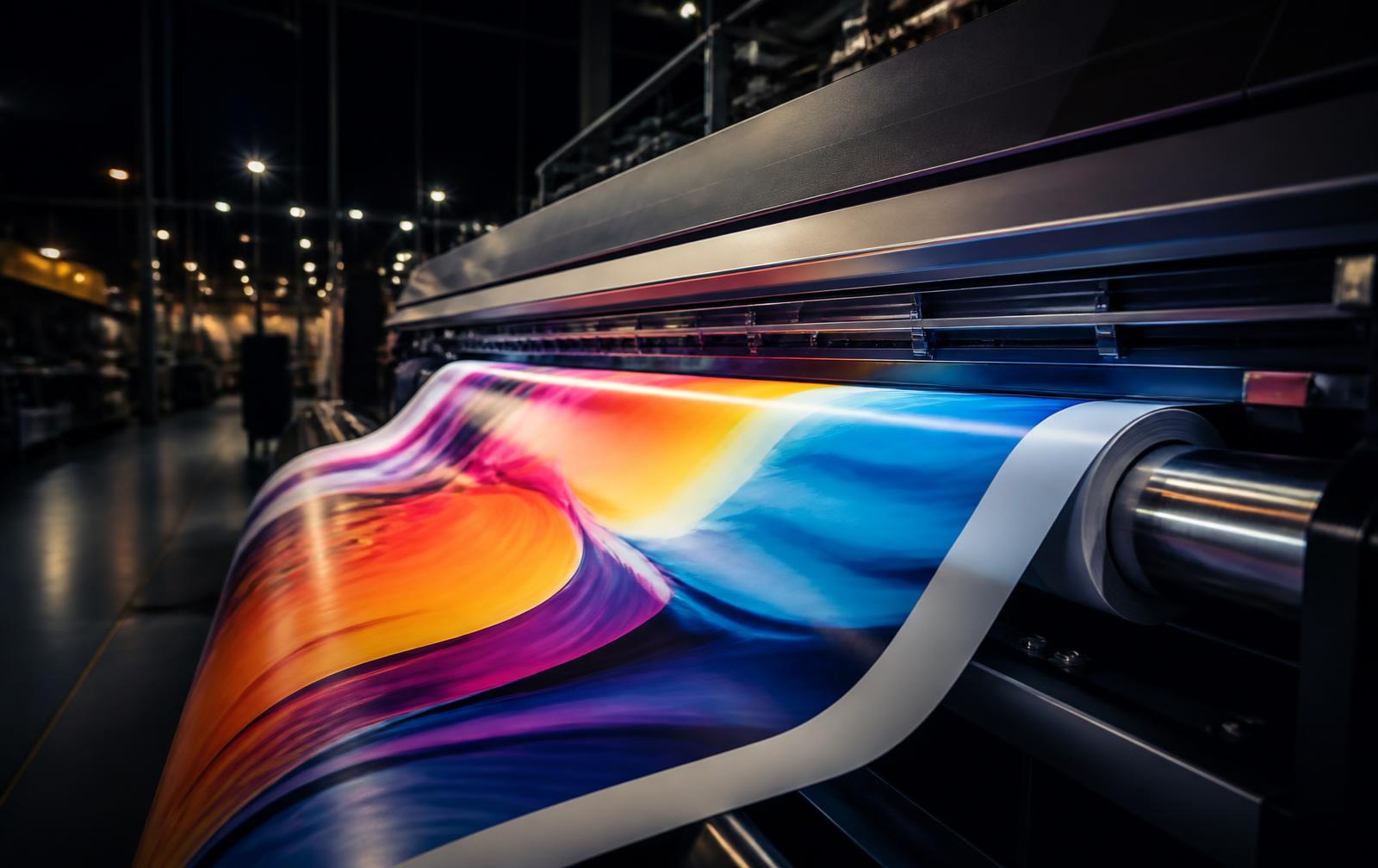 A full-color banner rolling off a wide-format press in a US print plant