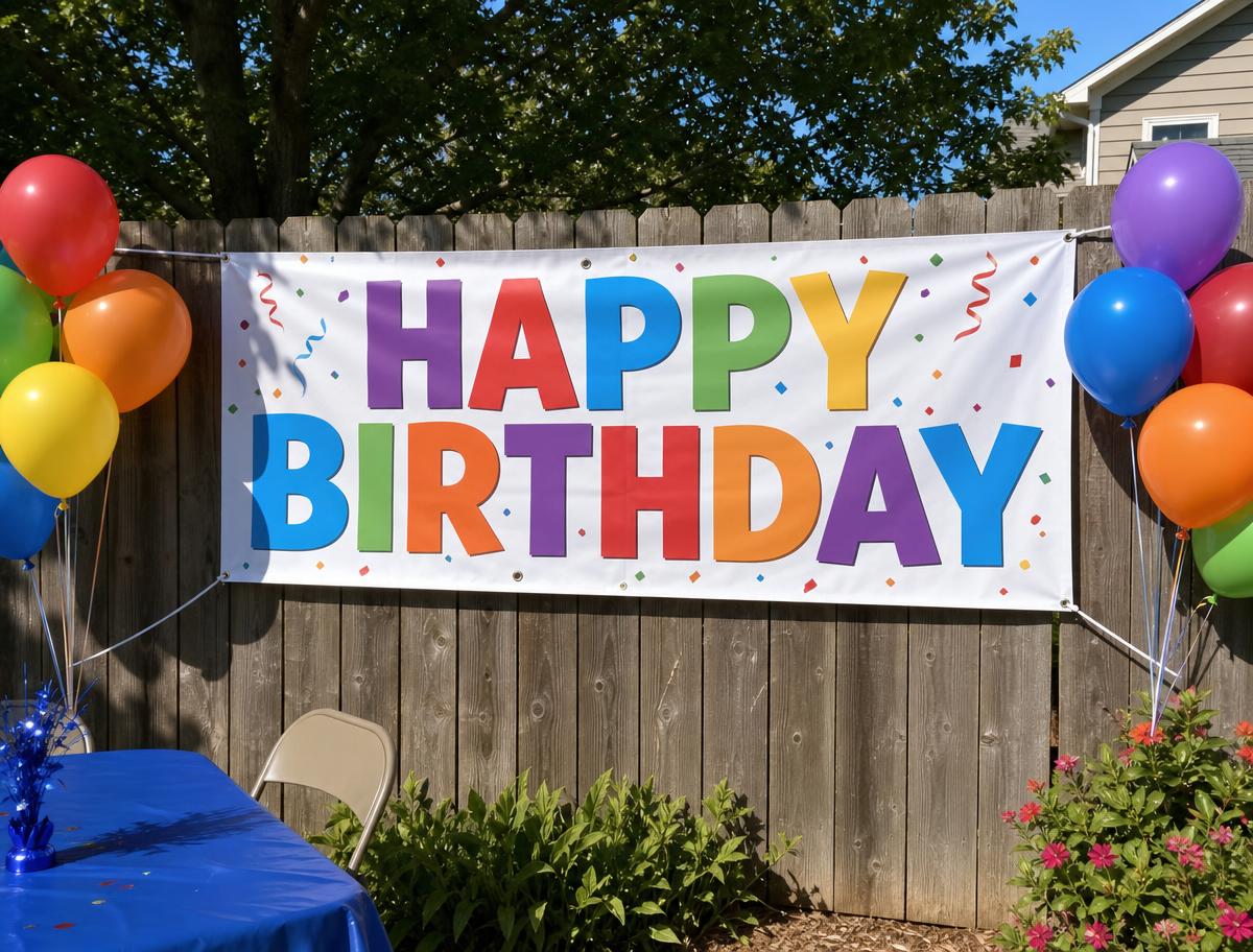 Custom birthday banner hung on a backyard fence