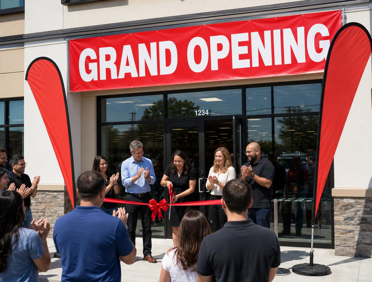 Grand opening banner and feather flags outside a new store