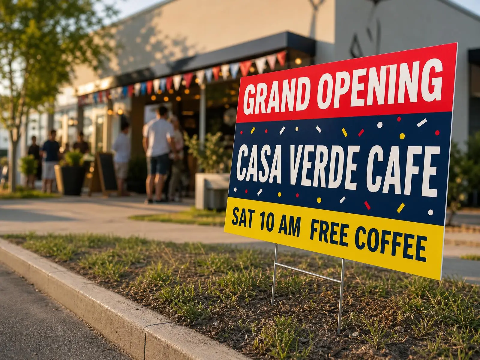 navy grand opening yard sign at the curb of a small shop with balloons in early morning light