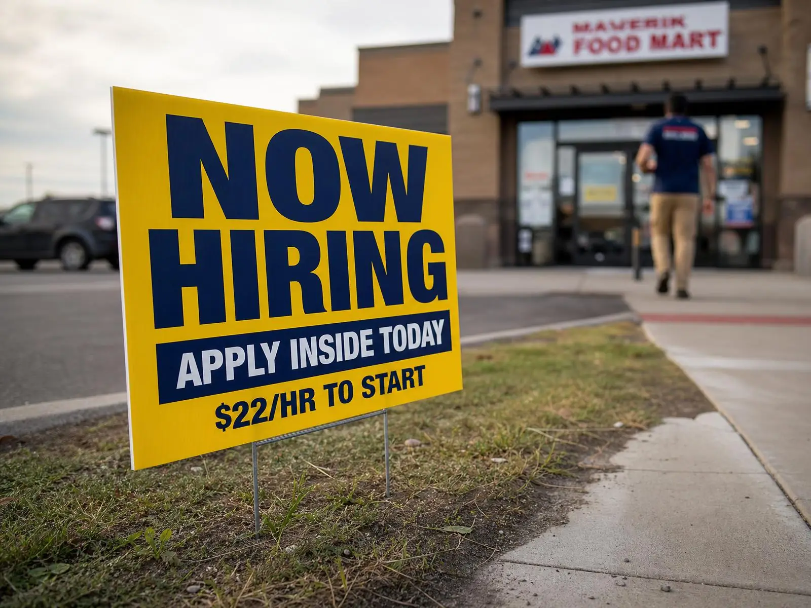 yellow now hiring yard sign staked in a storefront entrance planter on a small town sidewalk